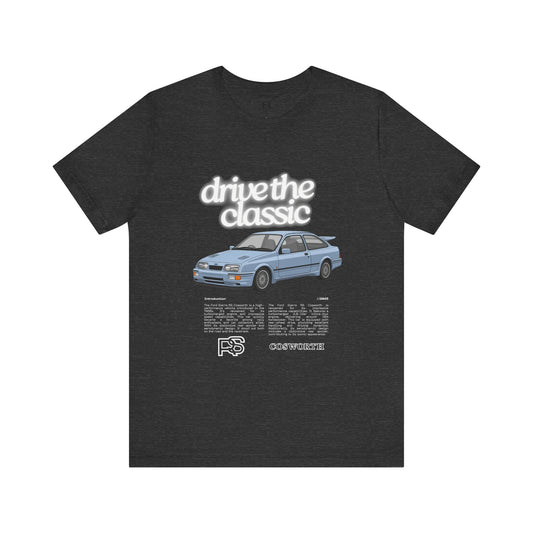 Black t-shirt with a car graphic and 'drive the classic' text on a white background
